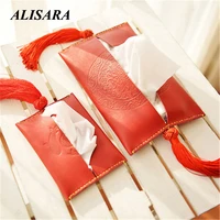 home red chinese style tissue box rectangular blessing paper real cowhide leather car tissue napkin box case household handmade