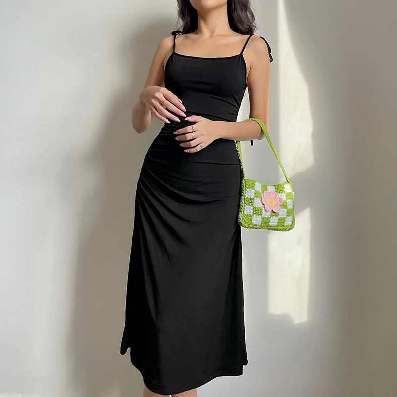 

Summer Backless Sexy Party Midi Dress Women Black Sleeveless Strap A Line Dresses Ladies Elegant Slim Ruched 2021