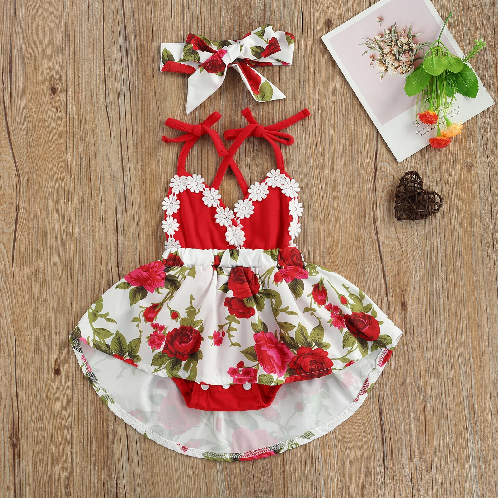 

2Pcs Baby Romper with Headband, Flower Print V-neck Sleeveless Strappy Romper+ Bowknot Hairband for Kids, 0-24 Months