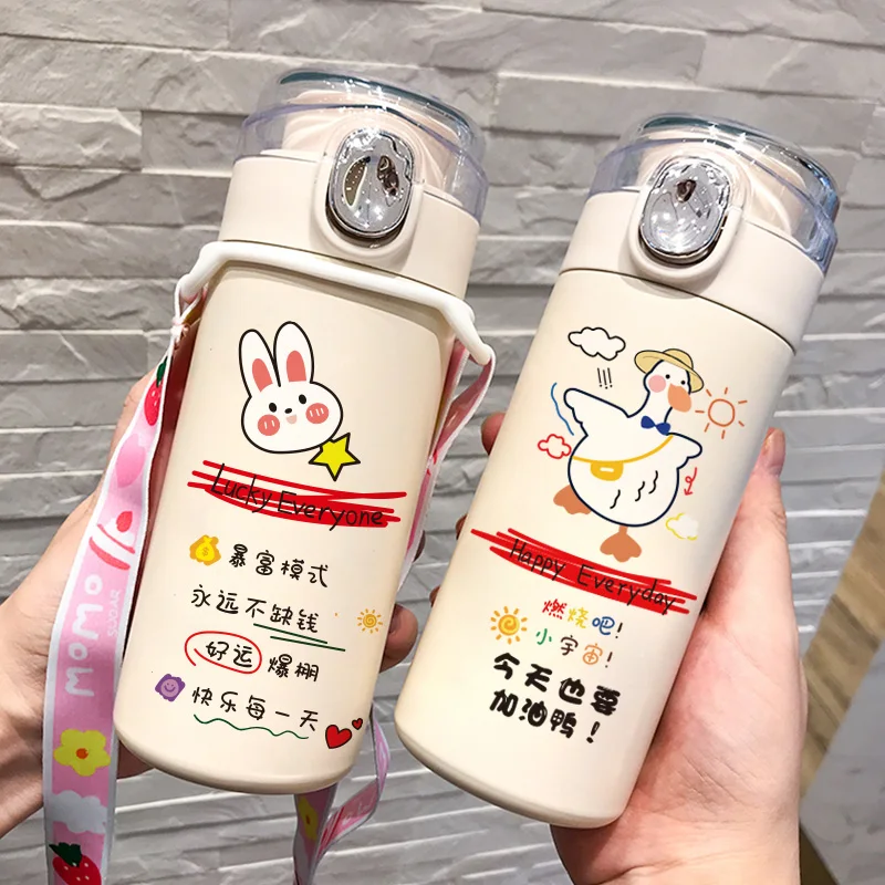 Women Cute Portable Thermos Cup Internet Celebrity Bounce Cover Good-looking Cartoon Drinking Anti-Fall Student Children | Дом и сад
