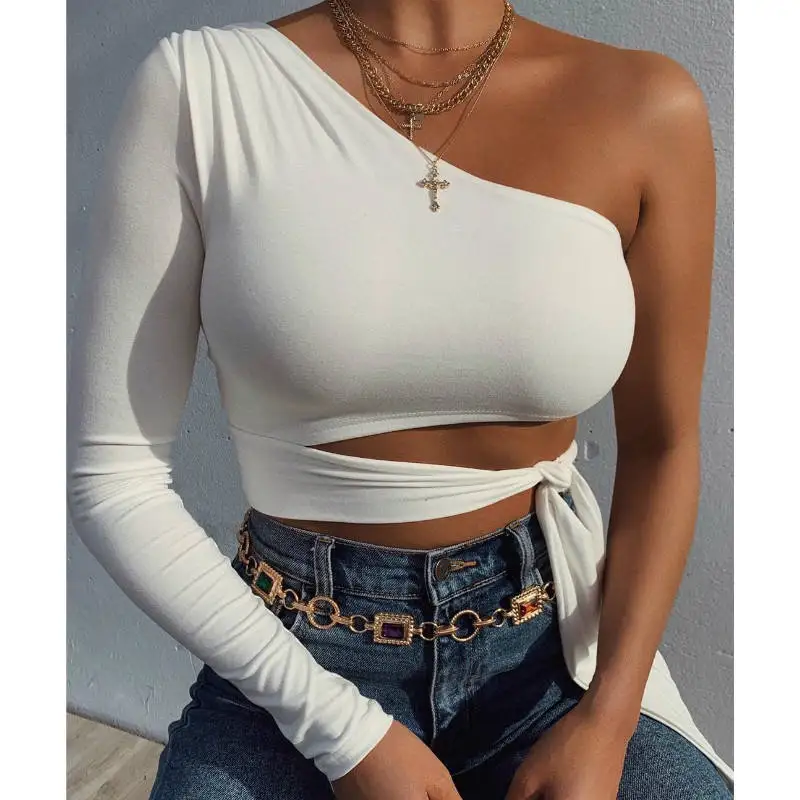 Women Sexy One Shoulder Lace up Crop Top Ladies Summer Casual Long Sleve T-Shirt Tee Short Camis | Женская одежда