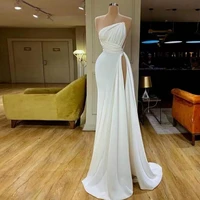 white elegant evening dress satin sleeveless high split formal party prom dresses for ladies robe de soir%c3%a9e de mariage