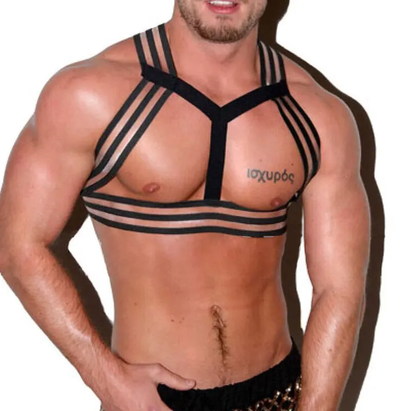 

Sexy Men Stripe Bandage Short Tops Straps Short Shirt Tank Top Bandage Hollow Out Tops Harness Male Gay Lingerie Gay Wear F19