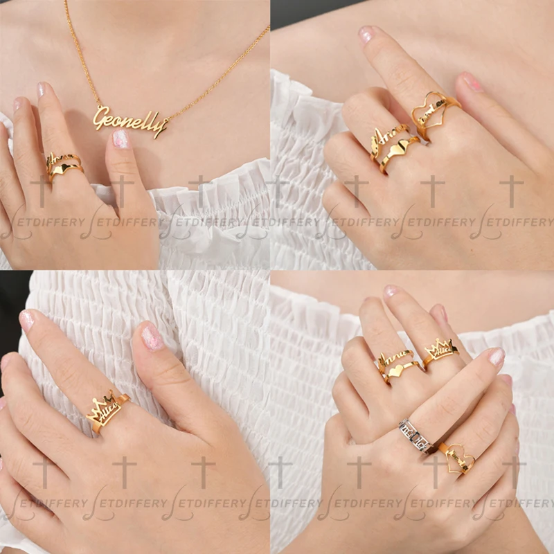 Letdiffery Personlized Name Date Rings Stainless Steel Heart Crown Customized Ring for Couple Women DIY Jewelry Christmas Gifts | Украшения