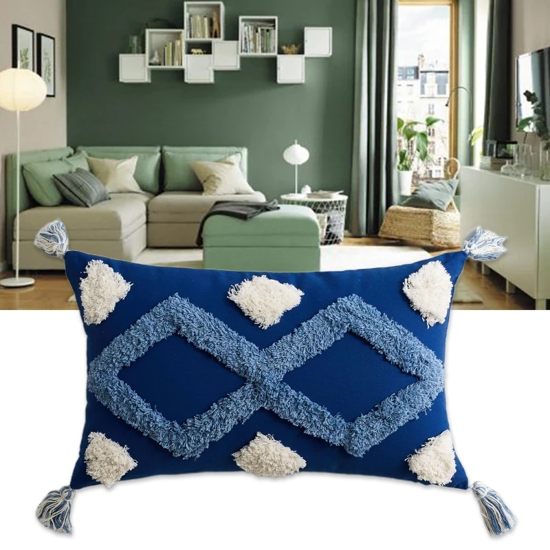 

30x50cm Boho Lumbar Pillow Case White Blue Geometric Tufted Tassel Cushion Cover H051