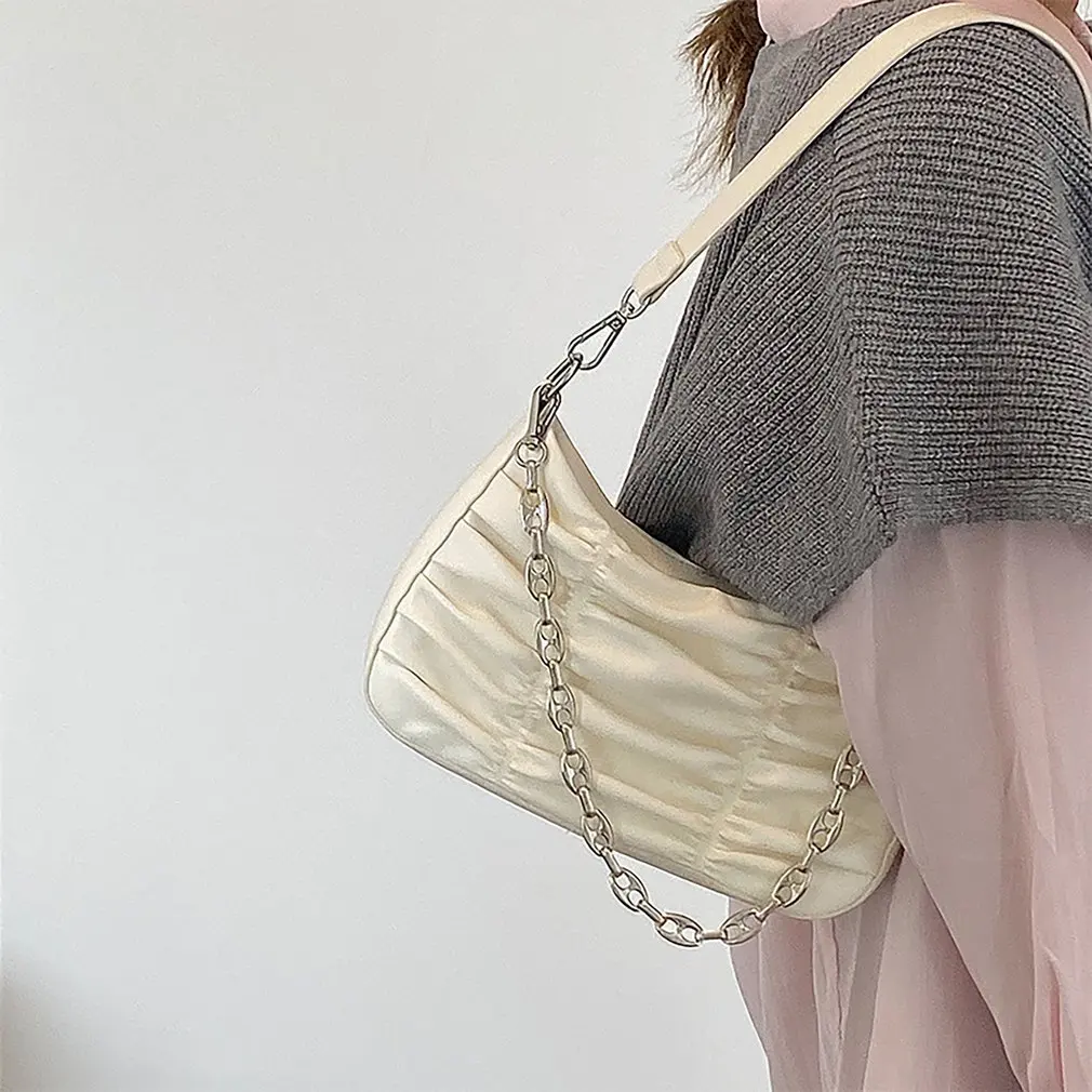

Fashion Pleated Chains Shoulder Bag Women PU Leather Baguette Bag Designer Armpit Bag Trendy Lady Handbag Summer Girls Pouch