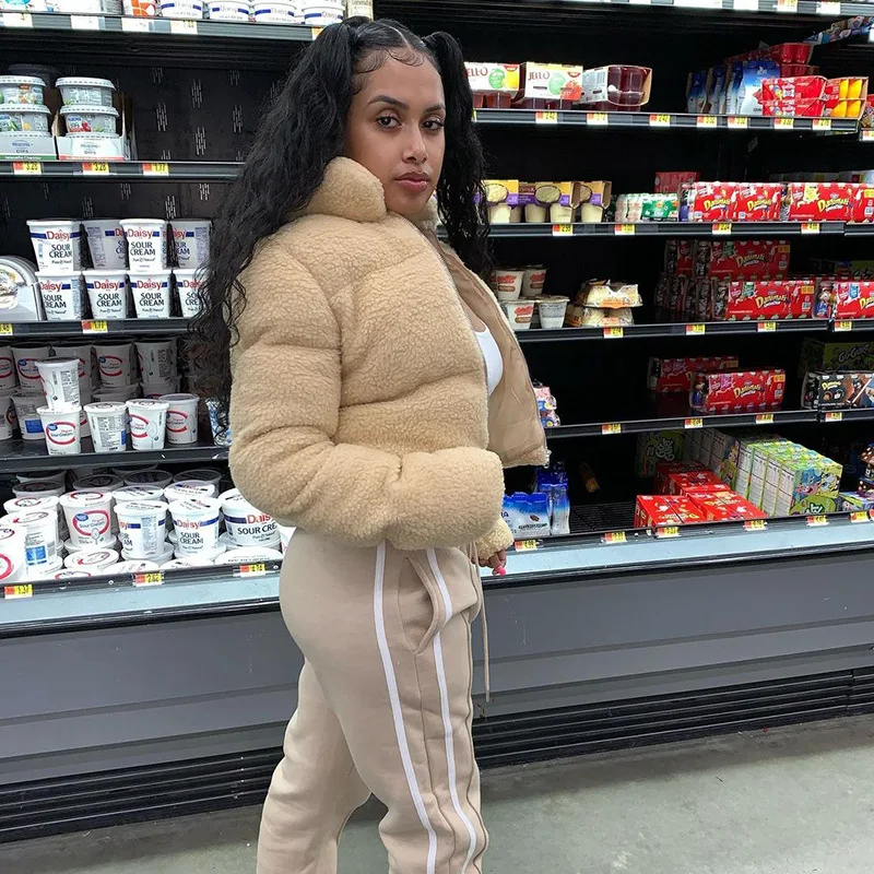 Zoulv Autumn/Winter Polar Fleece Women Cotton Jacket Long Sleeve Short Teddy Fleece Warm Collar Zipper Cotton-padded Jacket Coat