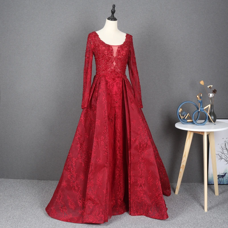 YY274 New Long Sleeve O-neck Patch Rhinestone Red Evening Dress Socialite Temperament Annual Meeting Dinner Host Women's Gown