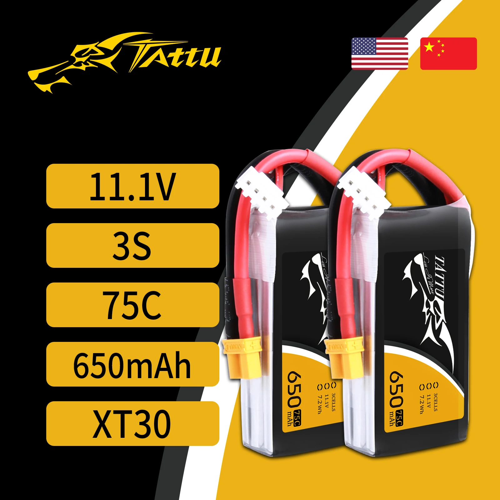 Tattu-bater&iacute;a Lipo de 650mAh, 11,1 V, 3S, 75C-150C, con enchufe XT30, para Dron FPV, cuadric&oacute;ptero de carreras, 130 modelos, invierno, interior, FPV-1