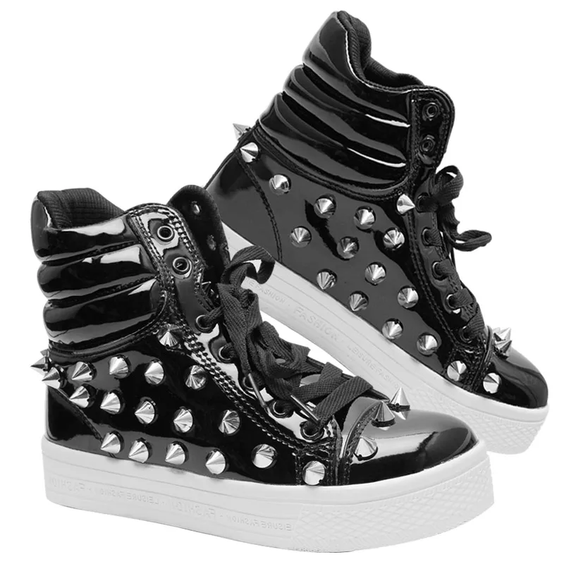 

Mens Studed Dance Sneaker Spike Rivet Boot Studs Boys Punk High-Top Shoes Patent Leather Casual Motorcycle Black White L847