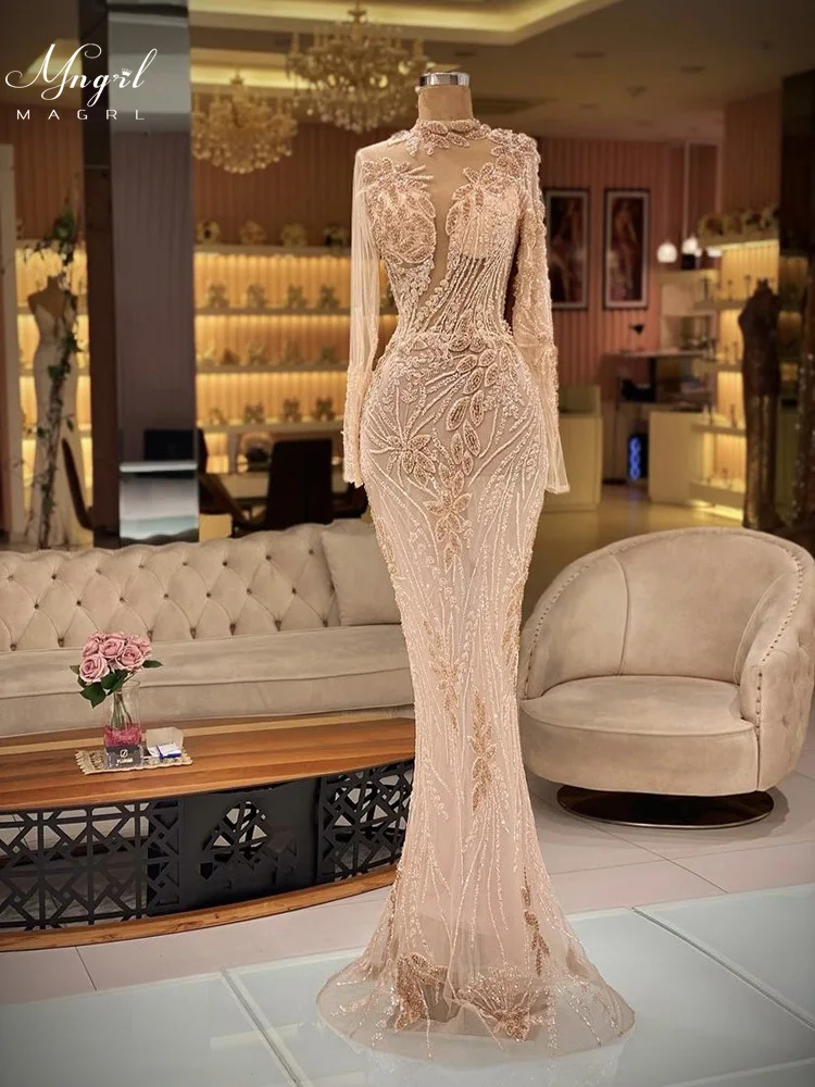 

MNGRL Luxury Evening Dress One-shoulder Long Sleeves Hand-applied Diamonds Glittering 2021 New Evening Dress Party Dress