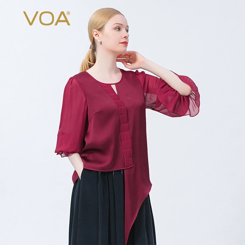 

VOA Fashion Asymmetric Hem Woman Tshirts Spring Elegant Flared Sleeves Red Silk Satin O-Neck Prom High Street Tops New BE751