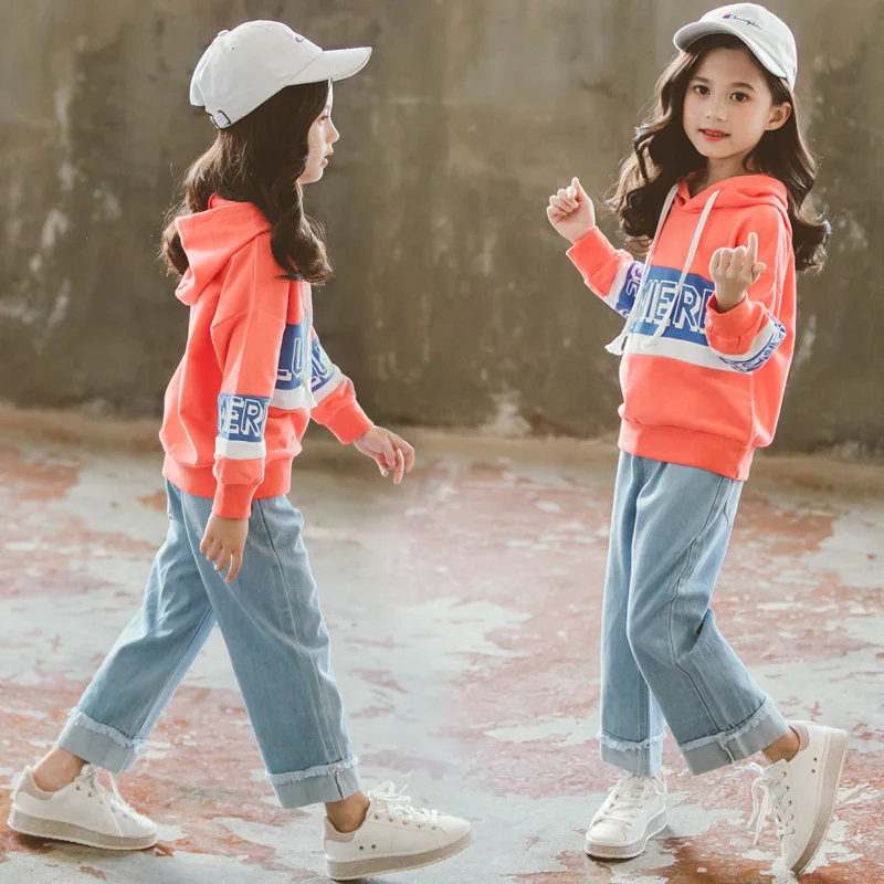 

Kids Girls Clothes Sets 2020 Spring New Letter Sweater + Wide Leg Pants Denim Suit Hooded Casual Two-piece Suit 4 5 7 9 12 Year