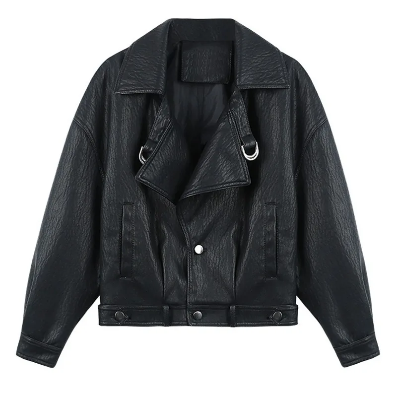

Jacket Trendy Loose Profile Motorcycle Pu Leather Jacket Women 2021 Spring New Korean Lapel Short Long Sleeve Jacket Leather