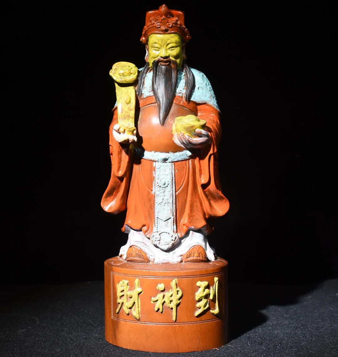 

8"China Folk Collection Old Boxwood Painted Arts God of Wealth God of Wealth arrives Standing like Office Ornaments Town House