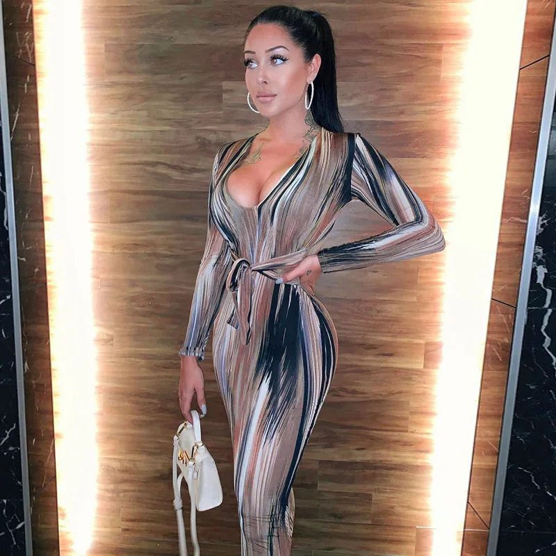 2020 Сексуальное Женское Платье с длинным рукавом и глубоким вырезом вечерние