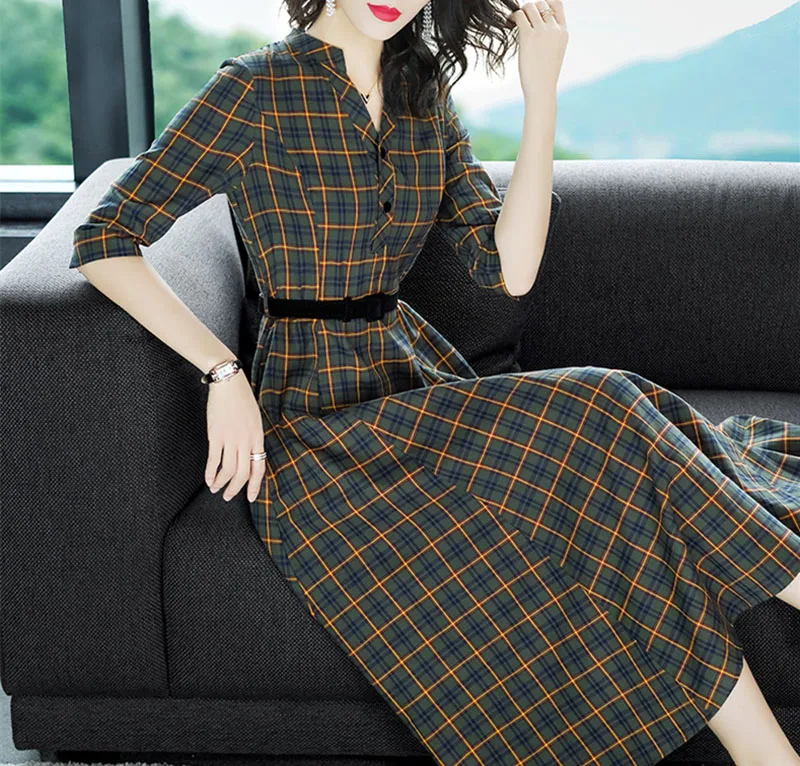 Новое Ретро английское большое Свободное длинное платье приталенное клетчатое