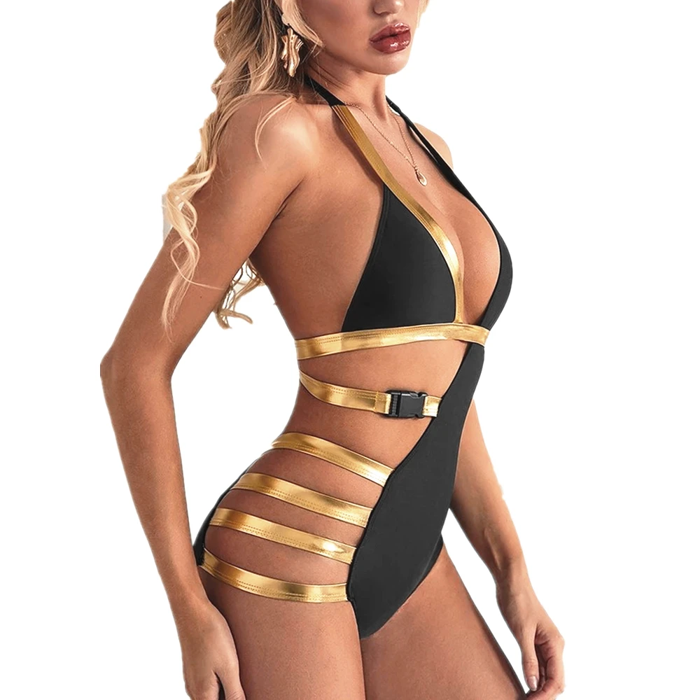 

2021 женский купальник, сексуальные купальные костюмы с бронзовыми лямками, однотонный комплект бикини с лямкой на шее, пляжная одежда, цельные купальники