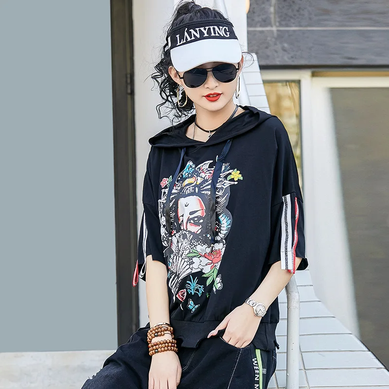 

2021 Summer Hoodies Short Sleeve Cartoon Print Fashion Girls Streetwear Students Casual Tops Harajuku Style Hooded Shirt Women