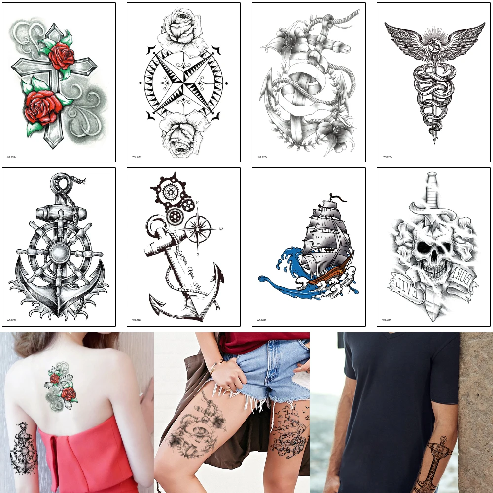 Водостойкая временная татуировка черный якорь лодка Русалка крыло змея Череп