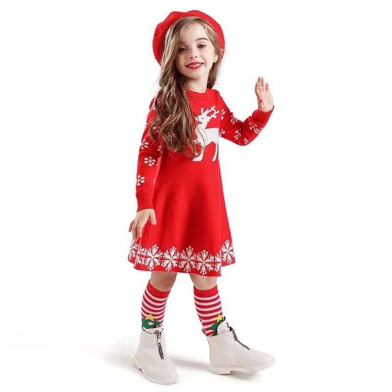 Girls Christmas Dress Long Sleeve Autumn Winter Knitted Sweater Cartoon Deer Print Kids Princess 2-8 Years | Мать и ребенок
