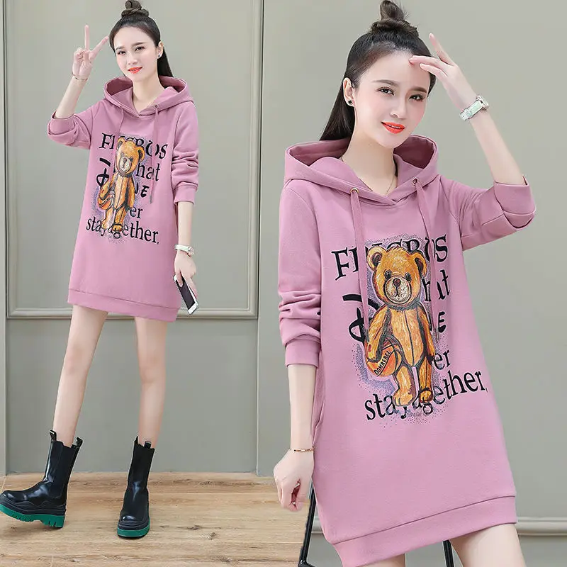 

Mid-length Hooded Cartoon Bear Women's Sweater for 2021 Spring and Autumn New Loose Korean Version of Wild Casual Ins Tide