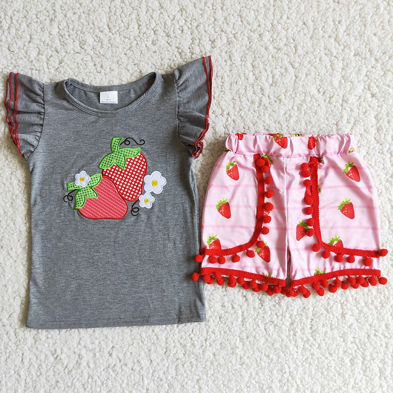 

2021 Summer Fashion Infant Girl Embroidery Short Sleeve Shirt Strawberry Ruffles Pants Baby Outfit Wholesale Boutique Clothes