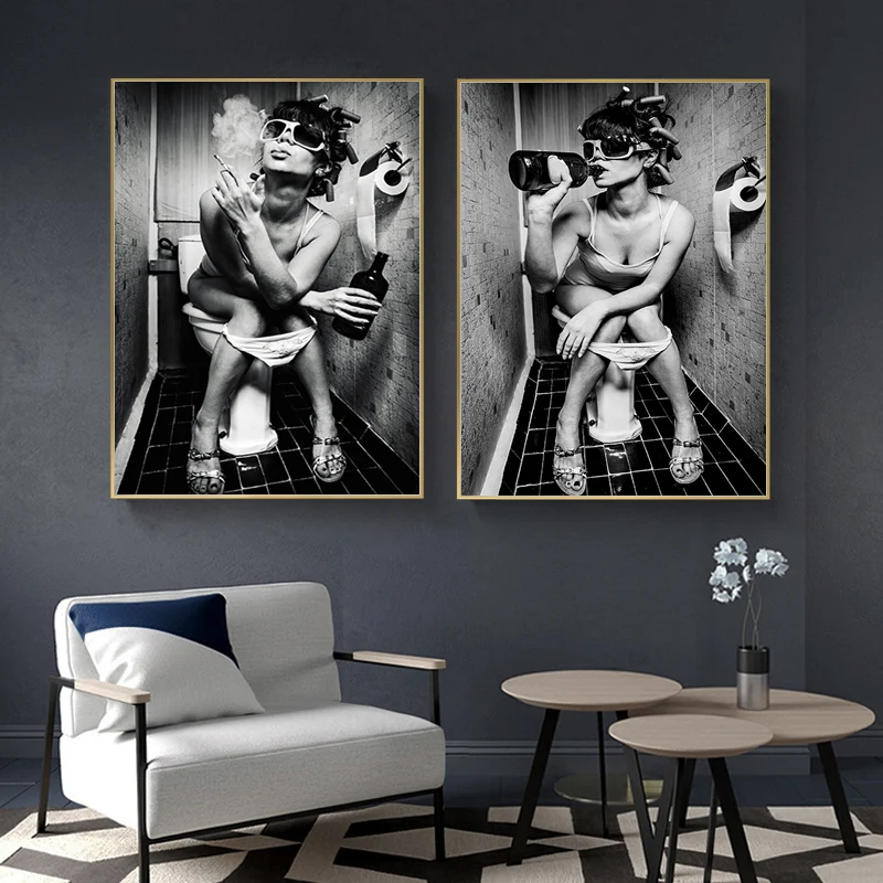 

Sexy Woman Sitting On The Toilet Smoking Poster Black And White Style Mural Home Art Wall Painting Bathroom Decoration Painting