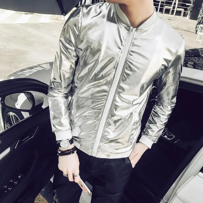 

5XL Summer Men Bomber Jacket Fashion Slim Fit Sun Protection Clothing Silver Shining Jackets Mens Plus Size Stage Coats Man