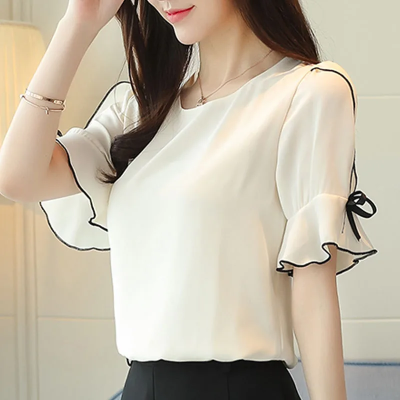 Женские топы и блузки 2021 женская шифоновая блузка с коротким рукавом бантом