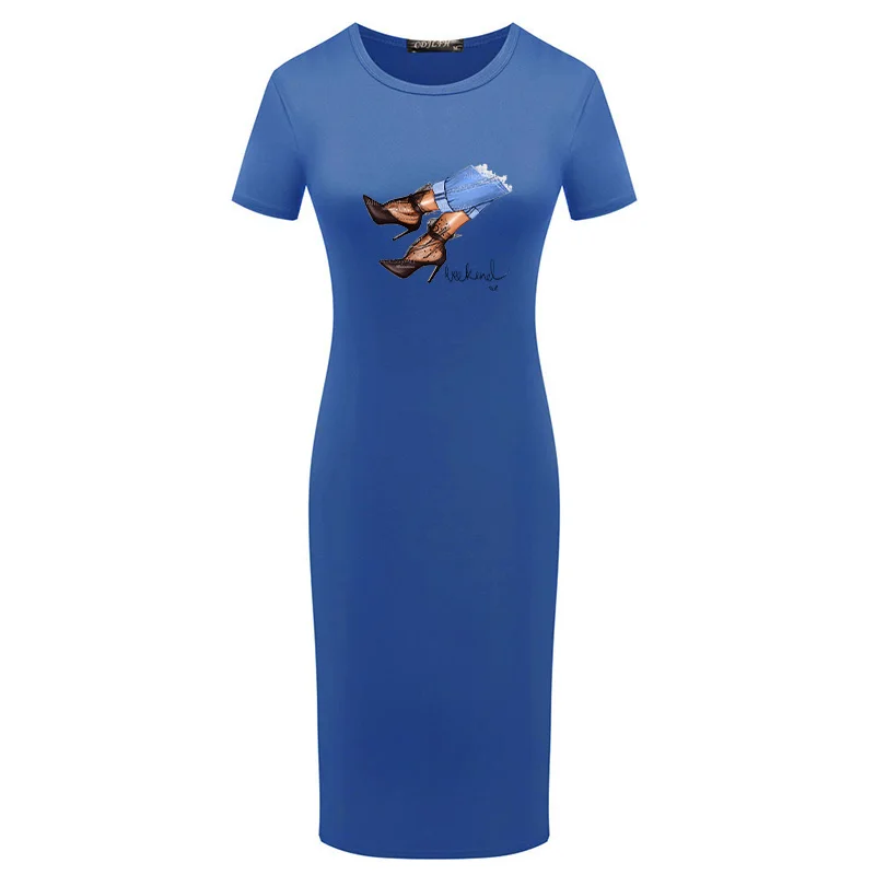 

Vogue Girl Print Summer Dress O-Neck Short Sleeve Slim Gowns Casual Black Clothing Bodycon Party Pencil Dress Robe Femme