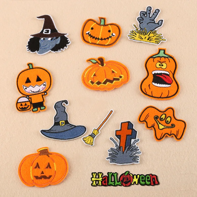 

Halloween Iron on Patches Pumpkin Head Thermo Stickers Wizard Hat Sewing Pattern Embroidered Magic Broom Patches for Clothing