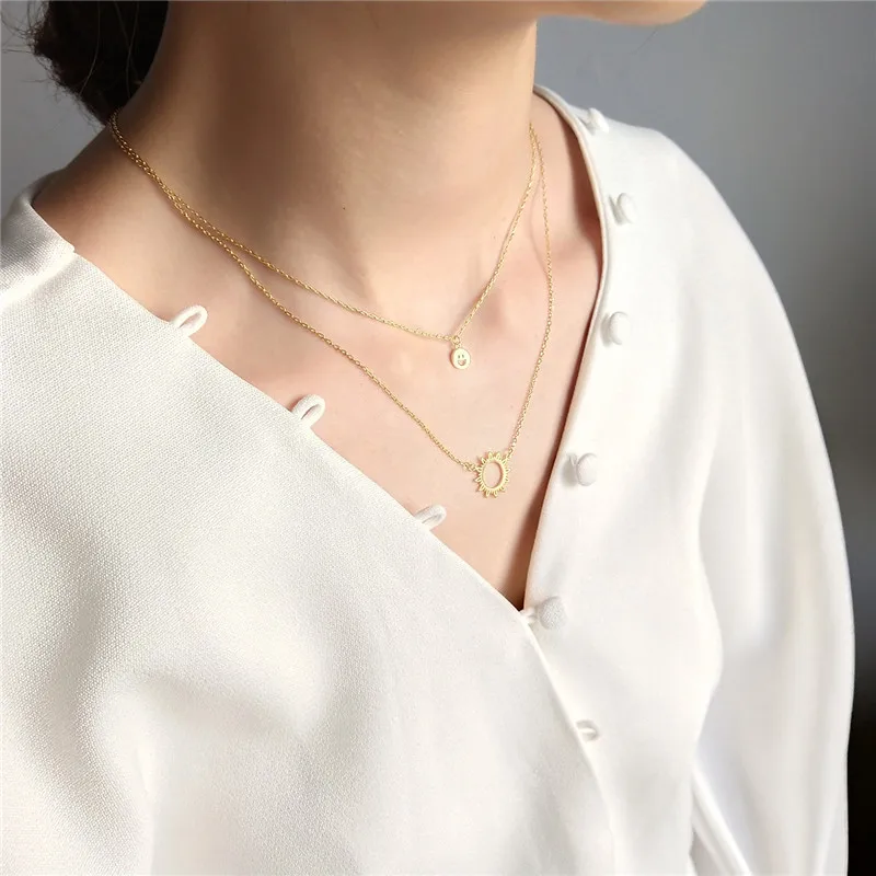 

RUIYI Full 925 Sterling Silver Double Layered Sun Flower Necklace Smile Face Chokers Women Luxury Jewelry Pendant Niche Necklace