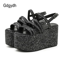 gdgydh trendy sandals women wedges heel brand deisgn bling sequines back strap thick sole platform shoes on summer club party