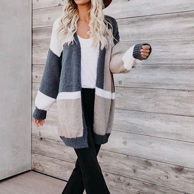 

Женский свободный вязаный кардиган, свитер с длинным рукавом и V-образным вырезом, уличная одежда, вязаный кардиган контрастных цветов, свит...