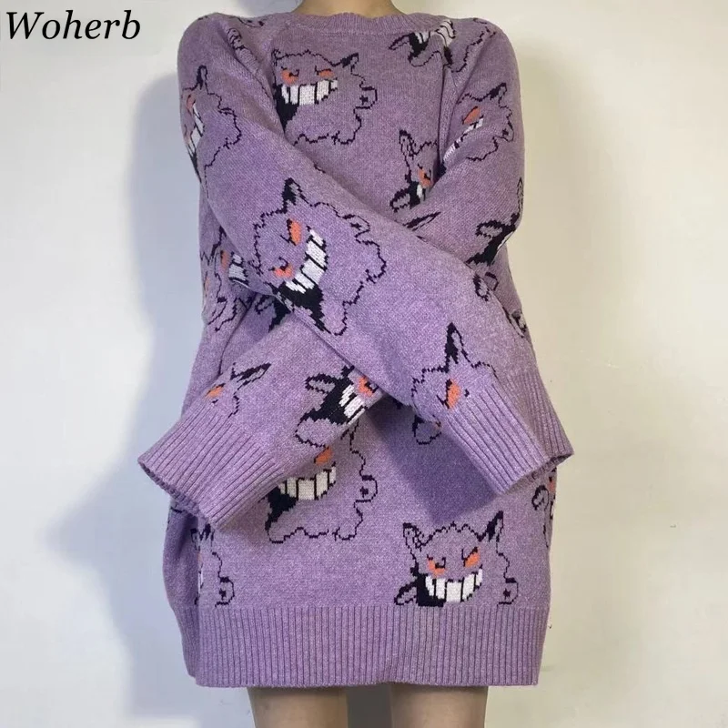 Woherb Anime Sweater Women Harajuku Pattern Pullover Loose Korean Style Autumn Winter Warm Knitted Jumper Woman Sweaters | Женская