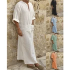 Мужская рубашка Jubba Thobe с V-образным вырезом, мусульманская рубашка Ближнего Востока, турецкий Дубай, кафтан, хлопковая свободная мусульманская молитвенная рубашка с длинным рукавом, халат, 2022