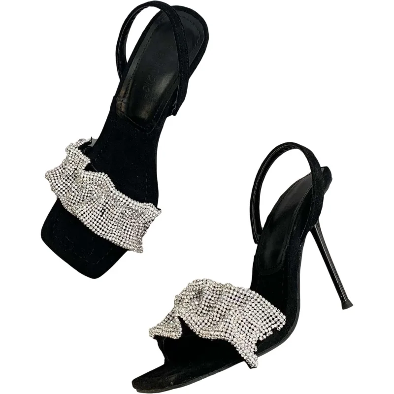 

2021 New Summer Crystal High Heels Square Toe Rhinestone Sandals Women Hollow European Style Stiletto Wedding Party Shoes Woman