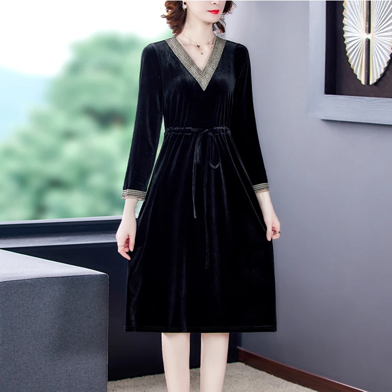

Autumn Women Gold Velvet Classy Vintage Midi Dresses Vestidos 2021 Winter Casual 3XL Plus Size Black Sexy Bodycon Party Dresses