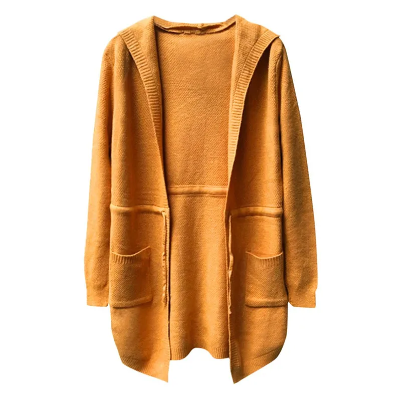 

Cardigan Sweater Hooded Jacket Womens 2020 Autumn Winter Solid Pocket Drawstring Cardigans Knit Sweaters Female Long Sleeve Coat