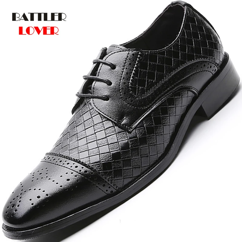

Men's Woven Leather Dress Shoes Classic Vintage Derby Shoes for Male Lace-Up Business Office Brogue Footwear Party Wedding Shoes