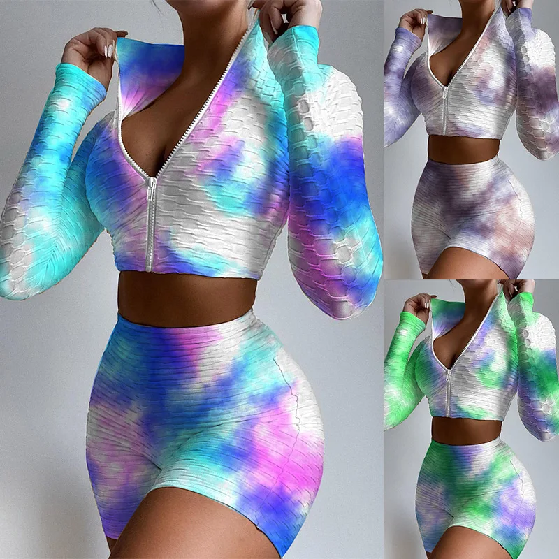 

Ogilvy Mather Tracksuit For Women Tie-dye Two Piece Suit Top Long Sleeve Workout Shorts Running Breathable Sportswear For Women