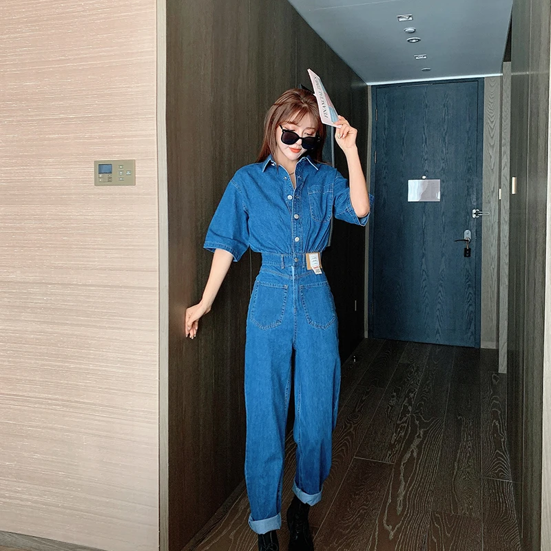 

Rompers womens Denim jumpsuit 2021 Streetwear Turn Down Collar Loose Straight Short Sleeve Long Blue jeans Jumpsuits Overalls