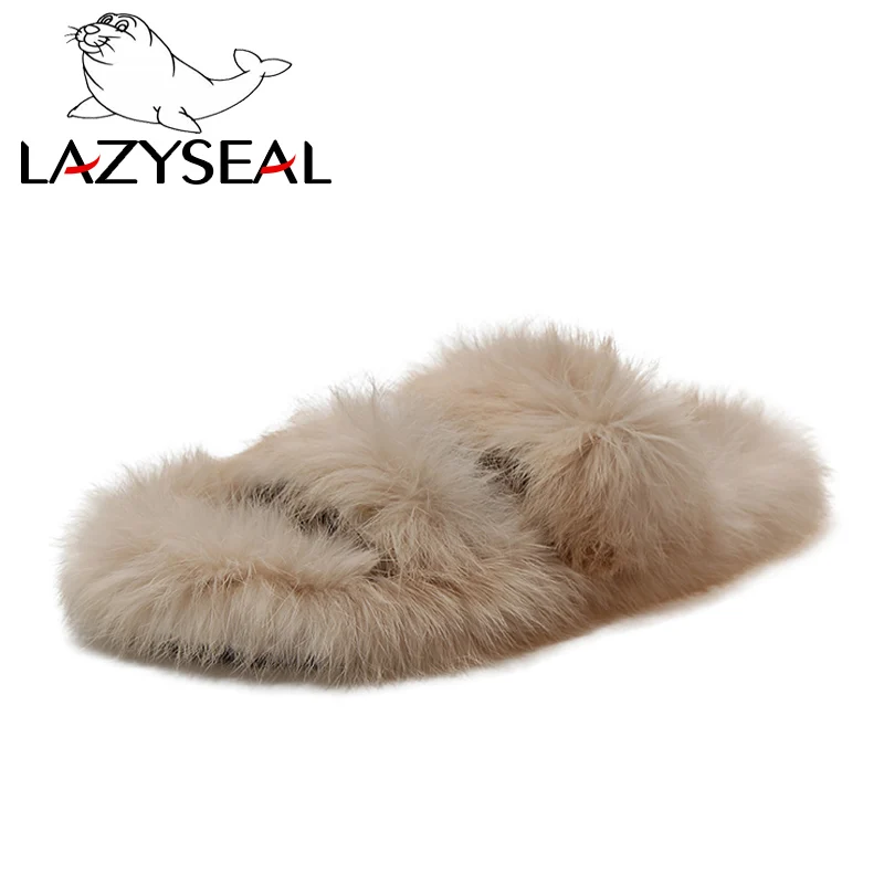 Beige LazySeal/женские тапочки с натуральным мехом новые тапочки их меха под кролика домашние Шлепанцы женские пушистые домашние вьетнамки - Цвет: Beige