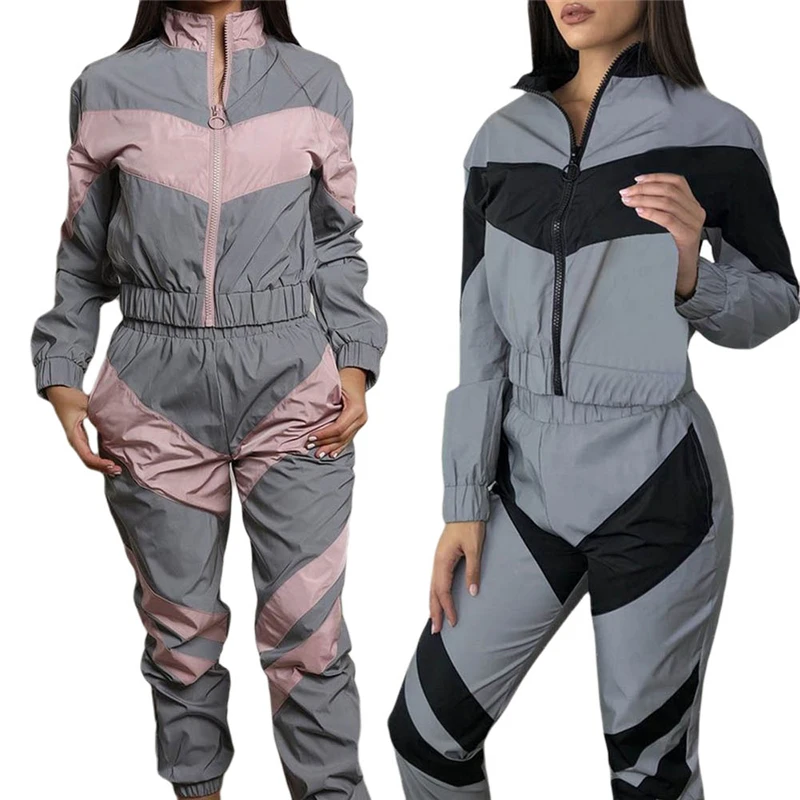 2 шт. женские Лоскутные наряды топ на молнии с длинным рукавом брюки эластичной