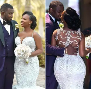 African Black Girl Mermaid Wedding Dresses Sexy Spaghetti Sheer Back Plus Size Bridal Gowns Custom Made robe de mariée