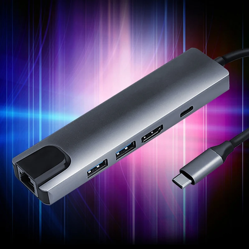 

Type C HUB 5-In-1 USB3.0 Docking Station HDMI-Compatible+RJ45+USB3.0+PD USB Hub for Pro/Air Huawei Matebook 13