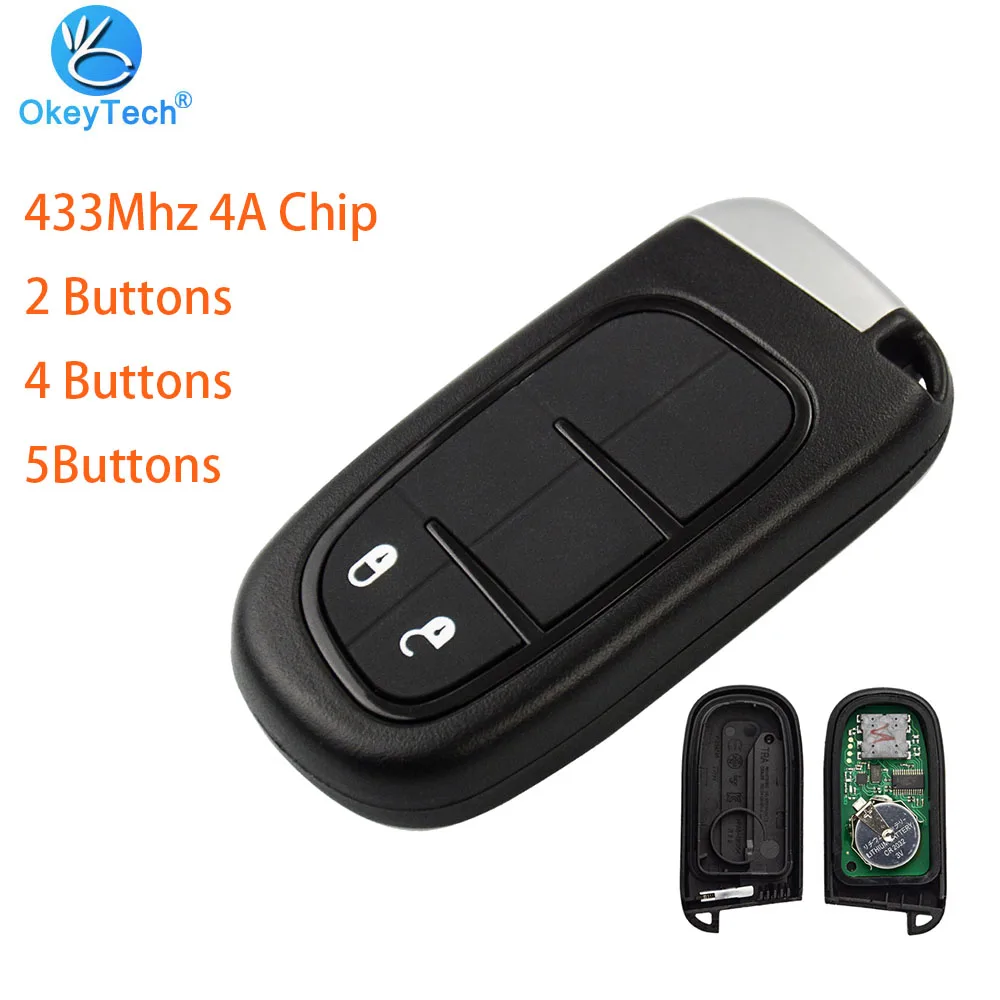 

OkeyTech for Jeep Cherokee Car Remote Smart Key Keyless Entry 433Mhz 4A Chip with Insert Small Uncut Blade 2/4/4+1 Button Card