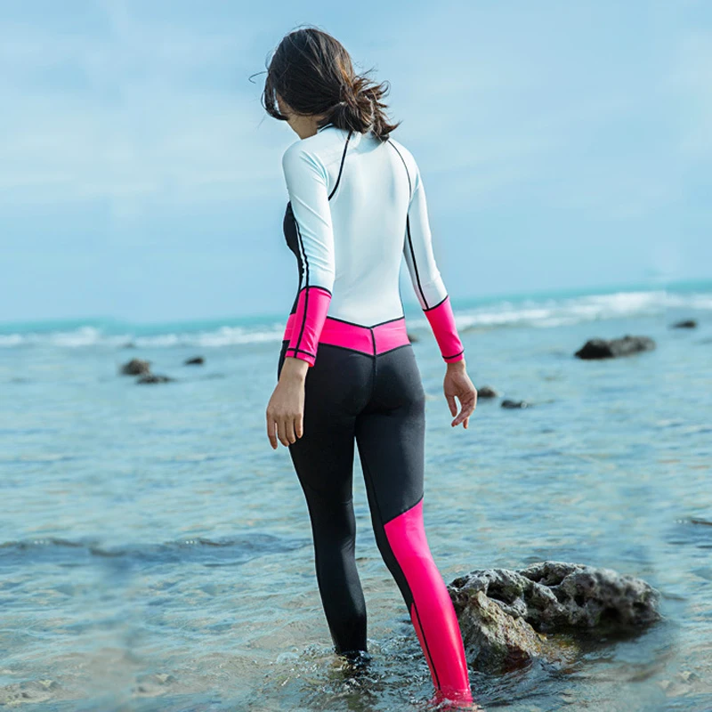 Цельный Женский гидрокостюм с длинным рукавом и молнией спереди | Спорт