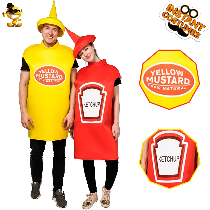 Желтый горчично красный костюм кетчупа для пары карнавал косплей вечеринки